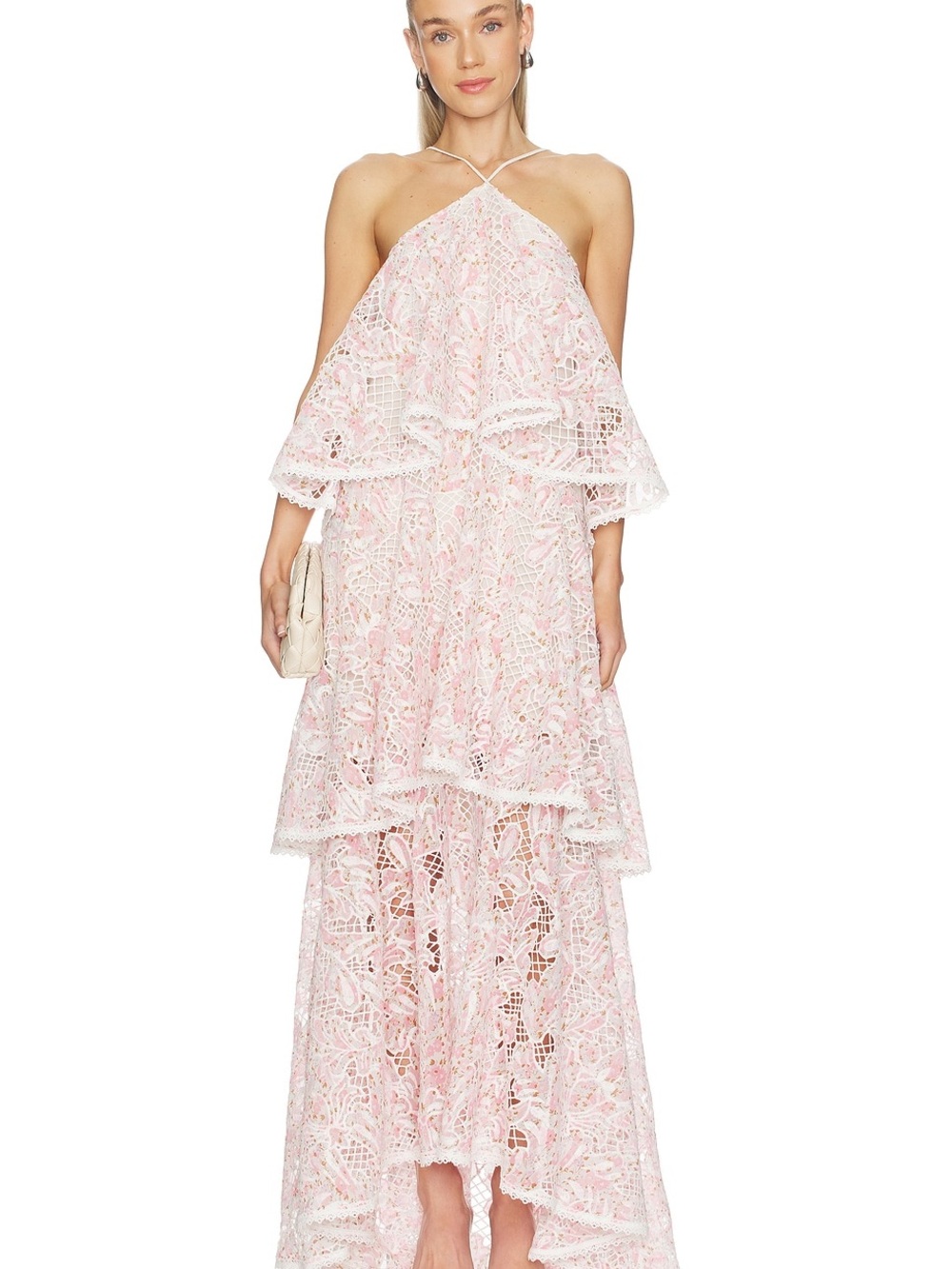Elliatt Blush Pink One-Shoulder Lace Tiered Maxi Dress